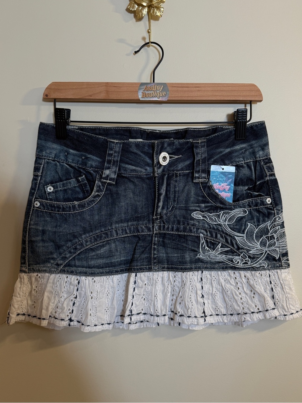 Women’s Dark Denim Skirt with White Eyelet Ruffle